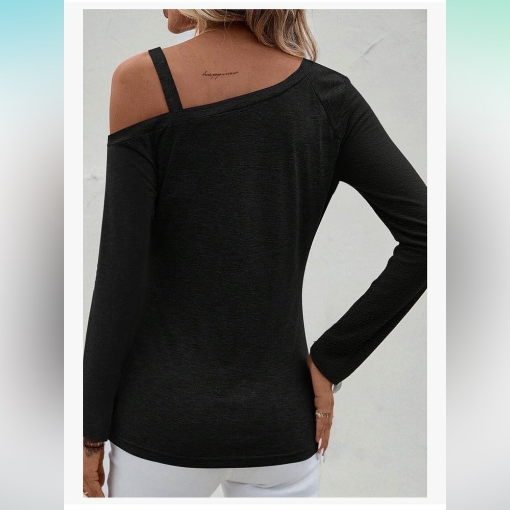 Chic Black Asymmetrical Women's Long Sleeve Top - Picture 2 of 7
